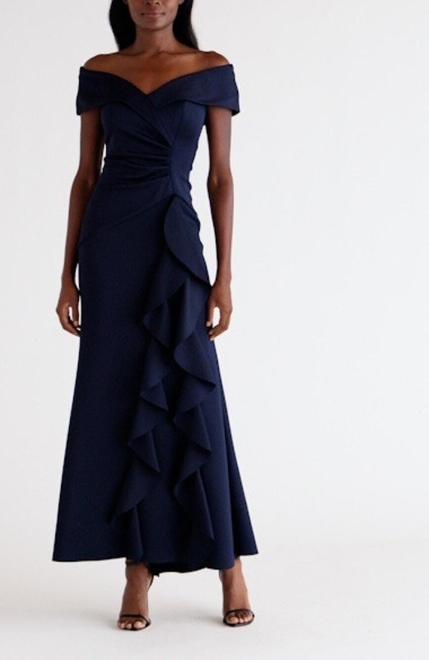 Xscape Navy Ruffle Off the Shoulder Scuba Knit Formal Evening Gown Size 16